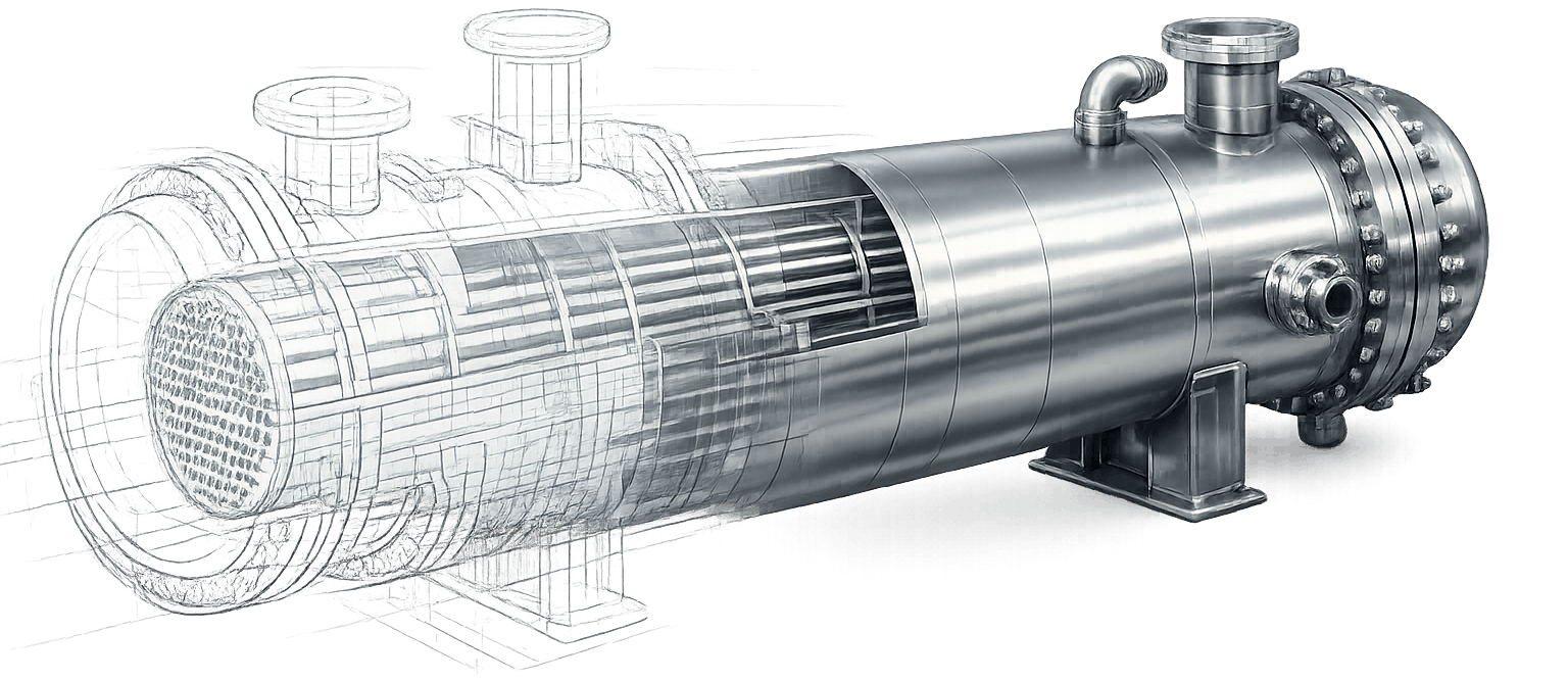 Image of a shell and tube heat exchanger that materializes out of a sketh.